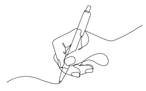 Mustavalkoinen viivapiirros, jossa bonusäidin käsi piirtää kynällä paperille.